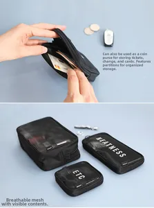 Macro detail of breathable black mesh pouch featuring internal dividers for card storage