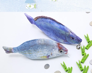 Detailed view of realistic fish-shaped pencil cases with digital printed scales and zippers