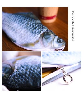 Macro shot of realistic fish pencil case with scale textures and metal zipper puller