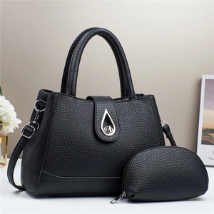 Chic black litchi pattern tote bag set with matching pouch and silver metal hardware