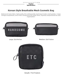 Three-piece black mesh makeup bag set in small medium and large sizes with ring zippers