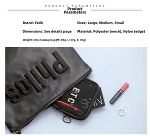 Three-piece black mesh and leather travel organizer set in S, M, and L sizes