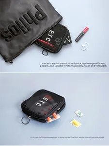 Detail view of black mesh ETC pouch and PU bag for cosmetics and jewelry storage