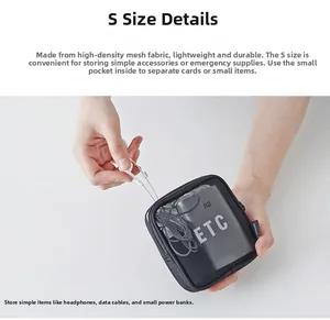 Detail view of small black mesh organizer bag for electronics and cosmetics storage
