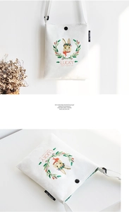 Detail of white canvas crossbody phone bag featuring a watercolor rabbit and lucky text