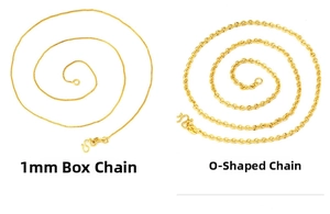 Detail view of 1mm gold box chain and O-shaped textured chain with metallic finish