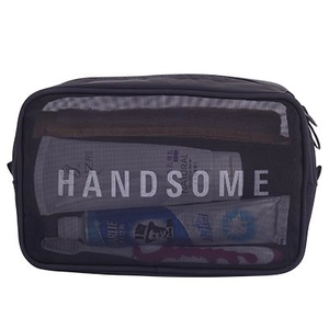 Black mesh travel cosmetic bag with HANDSOME print storing toiletries on white background
