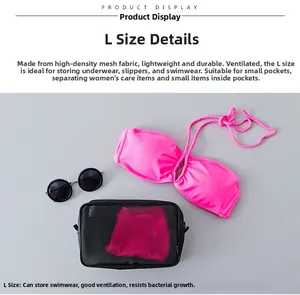 Detail of high-density black mesh storage bag with bikini and sunglasses for travel use