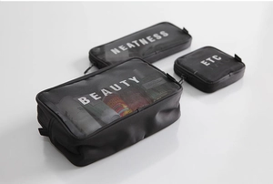 Three-piece black mesh travel pouches with Beauty, Neatness, and ETC labels