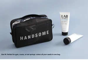 Size M black mesh toiletry bag with zipper and Handsome text for travel organization