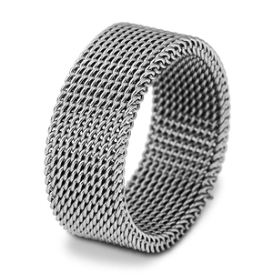 Detailed close-up of 8mm silver mesh textured band ring with metallic luster