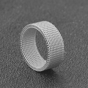 Macro shot of 8mm silver mesh ring showing the intricate woven stainless steel texture