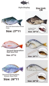 Detail view of 6 realistic fish-shaped pencil cases in various sizes and printed designs