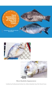 Detailed macro view of realistic fish-shaped pencil cases with metallic zipper closure