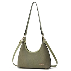 Olive green vintage hobo bag in twill fabric with gold ZZMY logo and dual straps