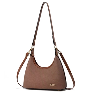 Brown textured fabric and leather crossbody bag with ZZMY logo and two straps