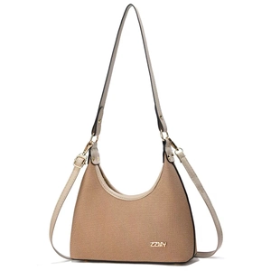 Khaki woven hobo shoulder bag with beige leather trim and adjustable crossbody strap