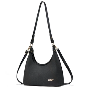 Minimalist black crescent hobo shoulder bag with textured fabric and golden hardware