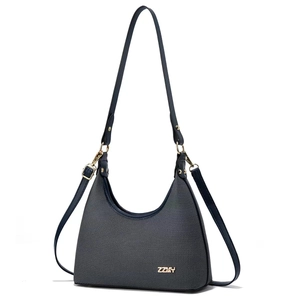 Blue crescent hobo shoulder bag with ZZMY logo and adjustable straps on white background
