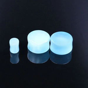 Three-piece light blue opal stone ear plugs set showing different size gauges