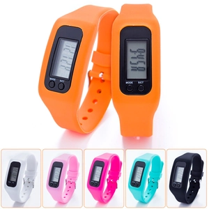 Silicone digital pedometer watch displaying orange variant and multiple color options