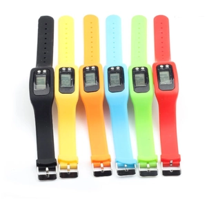 Group display of colorful silicone pedometer watches in six different vibrant sport colors