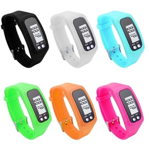 Array of colorful silicone sports pedometer bracelets with LED digital displays