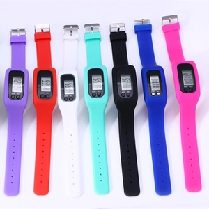 Close-up of silicone sport pedometer watches in various colors with LED display