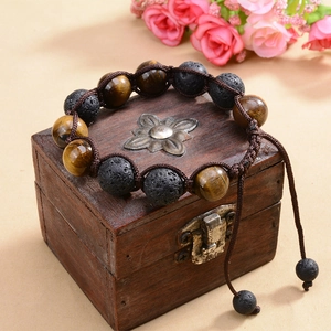 12mm tiger eye and lava stone beaded bracelet with adjustable brown braided cord closure