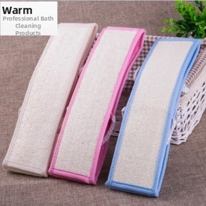 Three-piece set of long nylon exfoliating towels in beige, pink, and sky blue colors