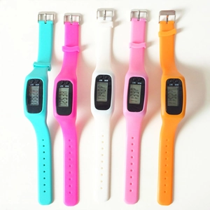 Detailed top view of silicone digital sports pedometers in cyan, white, pink and orange