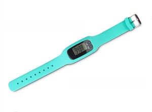 Detail view of the blue silicone strap and side buttons of the digital sport pedometer