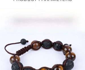 Detail of 12mm tiger eye and lava stone beads on a braided adjustable bracelet cord