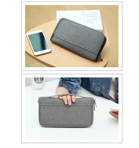 Detail of grey linen travel organizer bag with double zippers and side carry handle
