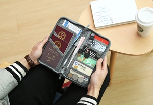 Detailed interior of a grey travel organizer showing passport slots and card holders