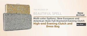 Close-up of sparkling rhinestone evening clutches in silver and gold with metal clasps
