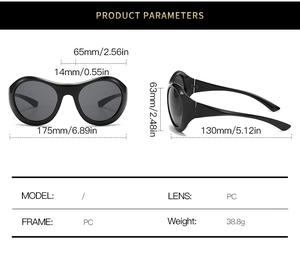 Detailed dimensions of Y2K futuristic oversized cycling sunglasses with PC frame and lens