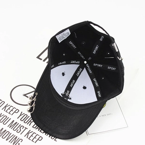 Black baseball cap with metal rings on brim and sport letter embroidery on the inner strap