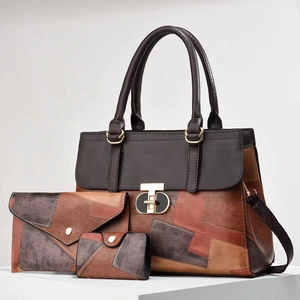 Three-piece retro patchwork leather handbag set with tote, wallet and small square bag