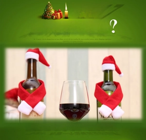 Close-up of festive red Christmas wine bottle decoration set with mini hat and scarf