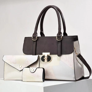 Three-piece beige and pink faux leather handbag set with gold GD metal buckle and strap