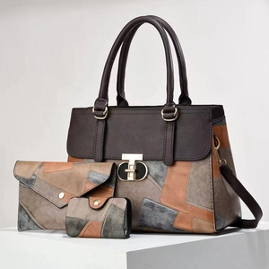 Three-piece set featuring a contrast color patchwork tote bag, wallet and card holder