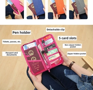 Macro detail of waterproof nylon travel passport organizer with 5 card slots and pen holder