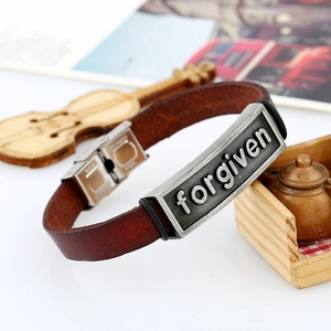 Retro brown leather bracelet featuring an engraved forgiven metal plate for men
