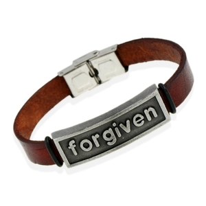 Vintage Brown Cowhide Leather Bracelet For Men Women Metal Plate Forgiven Lettering Stainless Steel Buckle Punk Biker Jewelry