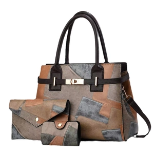 3-piece women's patchwork tote bag set with matching clutch and wallet in vintage brown