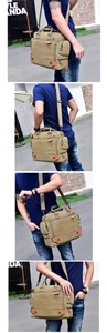 Vista dettagliata della borsa da lavoro in tela kaki con tasche multiple e dettagli in pelle