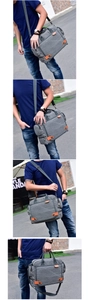 Scena urbana che mostra diversi modi di portare la borsa a tracolla grigia in tela multitasca