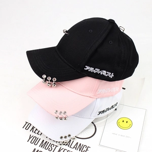 Punk Baseball Cap Cotton Blend With Metal Rings Safety Pin Japanese Embroidery Adjustable Hip Hop Streetwear Hat