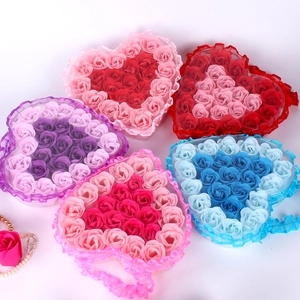 Heart-shaped gift boxes with 24 scented soap roses in pink, red, blue, and purple hues